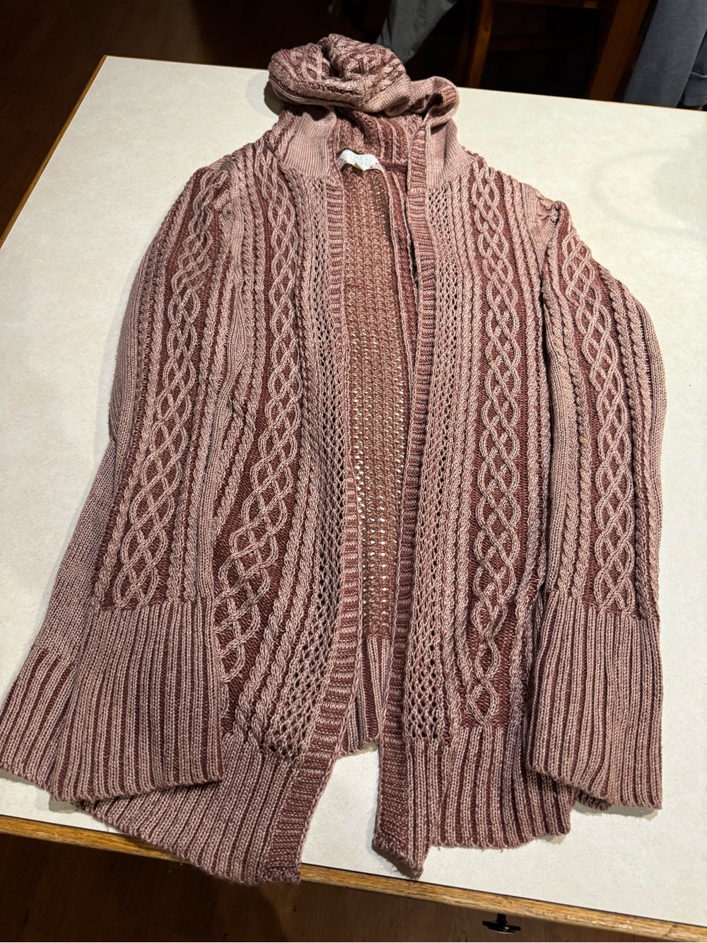 Pink Rose Cable Knit Open-Front Hooded Cardigan - Rose Mauve